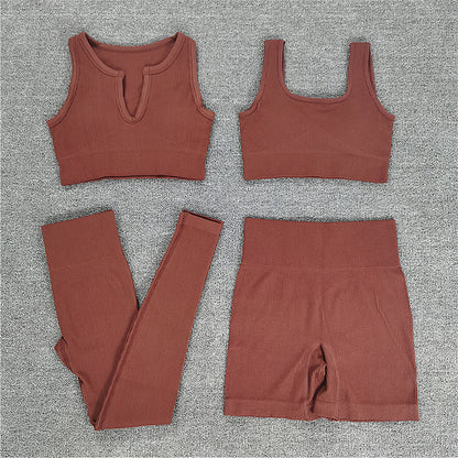 2021 Amazon European and American ins ribbed knitted U-neck square neck vest shorts trousers four-piece yoga suit