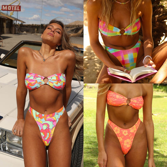 2023 swimsuit women's European and American foreign trade split bikini retro sexy tube top printed bikini cross-border wholesale