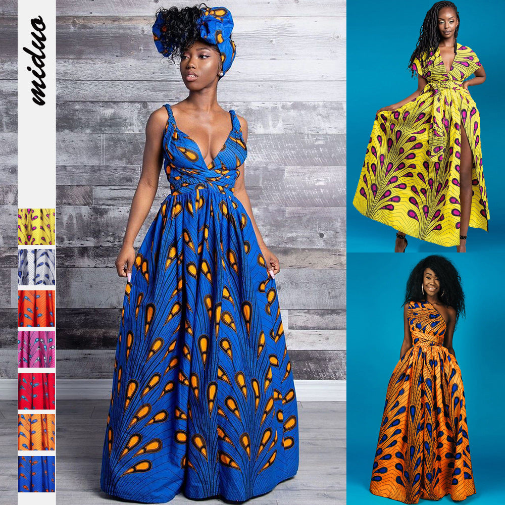 Amazon ebay African women's print DIY multi-wear sexy strappy dress Middle East slit floor-length skirt