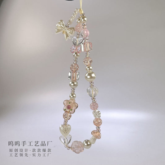 Wuwu original glass flower beaded mobile phone chain DIY handmade beaded mobile phone chain mobile phone case pendant ccd camera